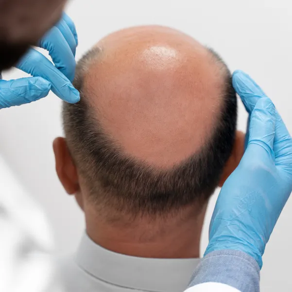 Man with hair loss having his hair checked by a doctor
