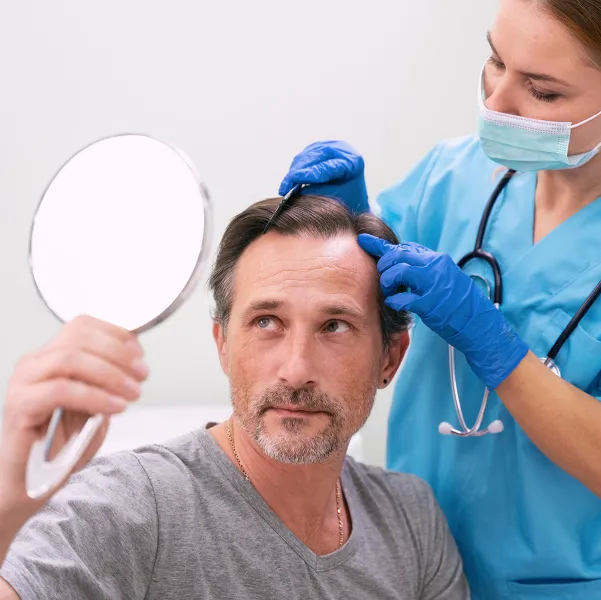 Man looking at a mirror while having his hair checked by a doctor.
